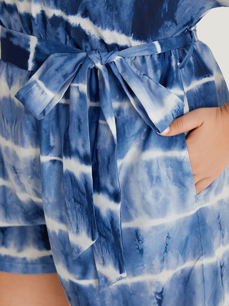 Tie Dye Keyhole Belted Batwing Sleeve Romper