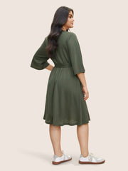 Solid Waffle Knit Button Detail Belted Dress