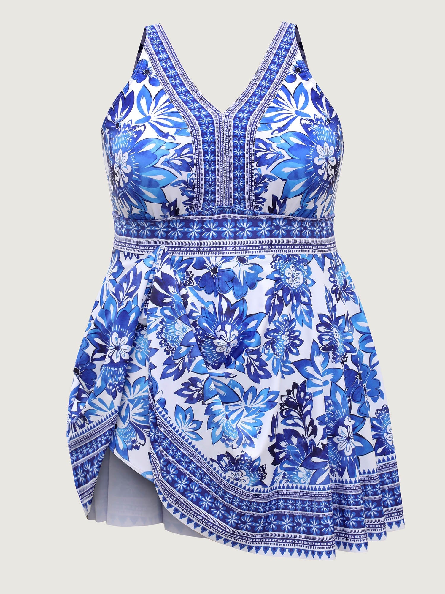 Large Floral Print V-Neck Swim Dress