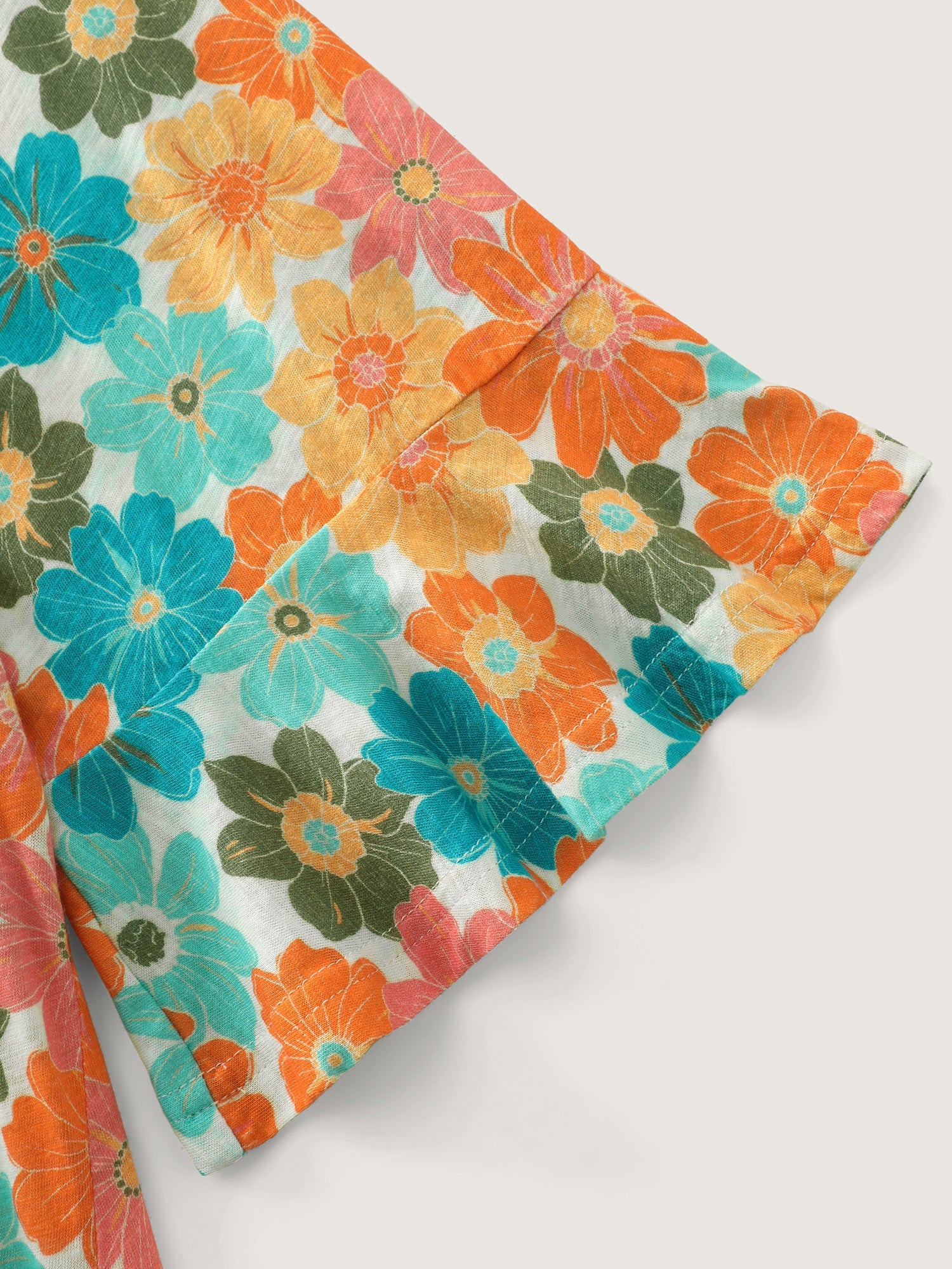 Cotton Floral Print Ruffle Mid Sleeve Top