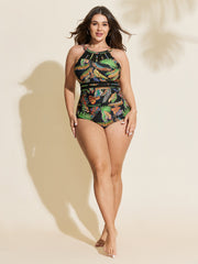 Tropical Print Halter Neckline One-Piece Swimsuit