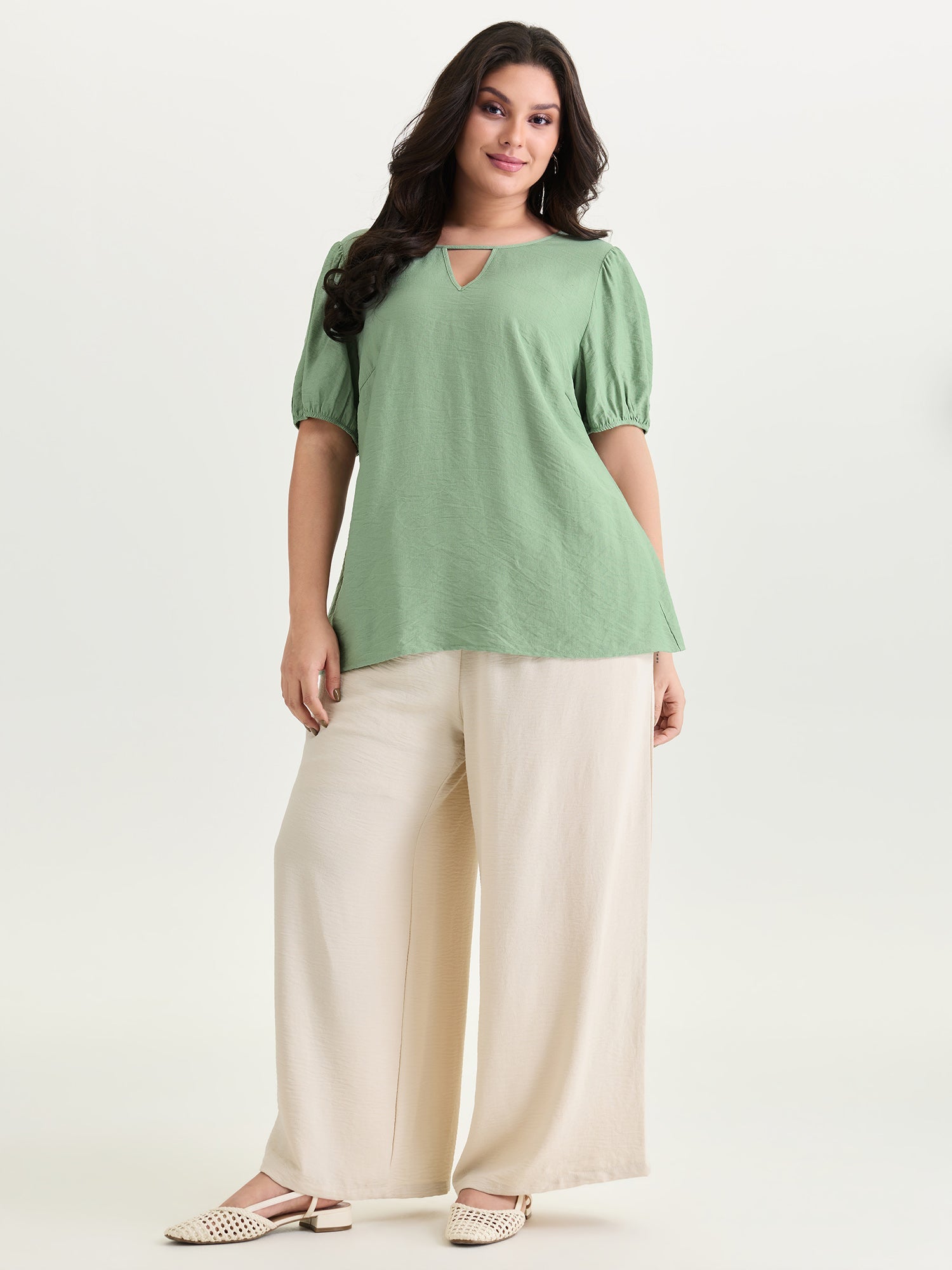 Shirred Puff Sleeve Keyhole Neckline Blouse