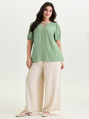 Shirred Puff Sleeve Keyhole Neckline Blouse