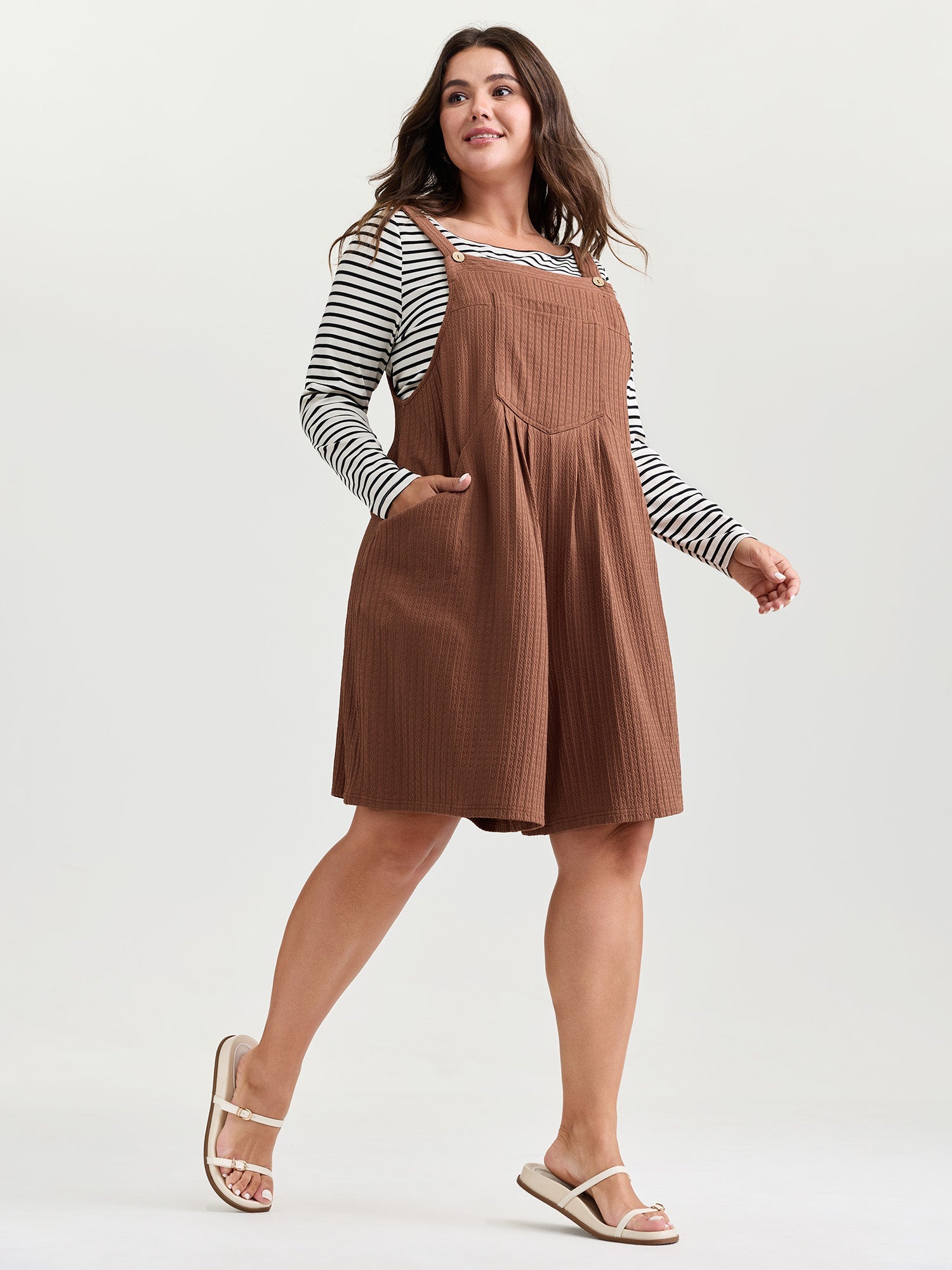 Textured Pleated Front Overall Cropped Jumpsuit