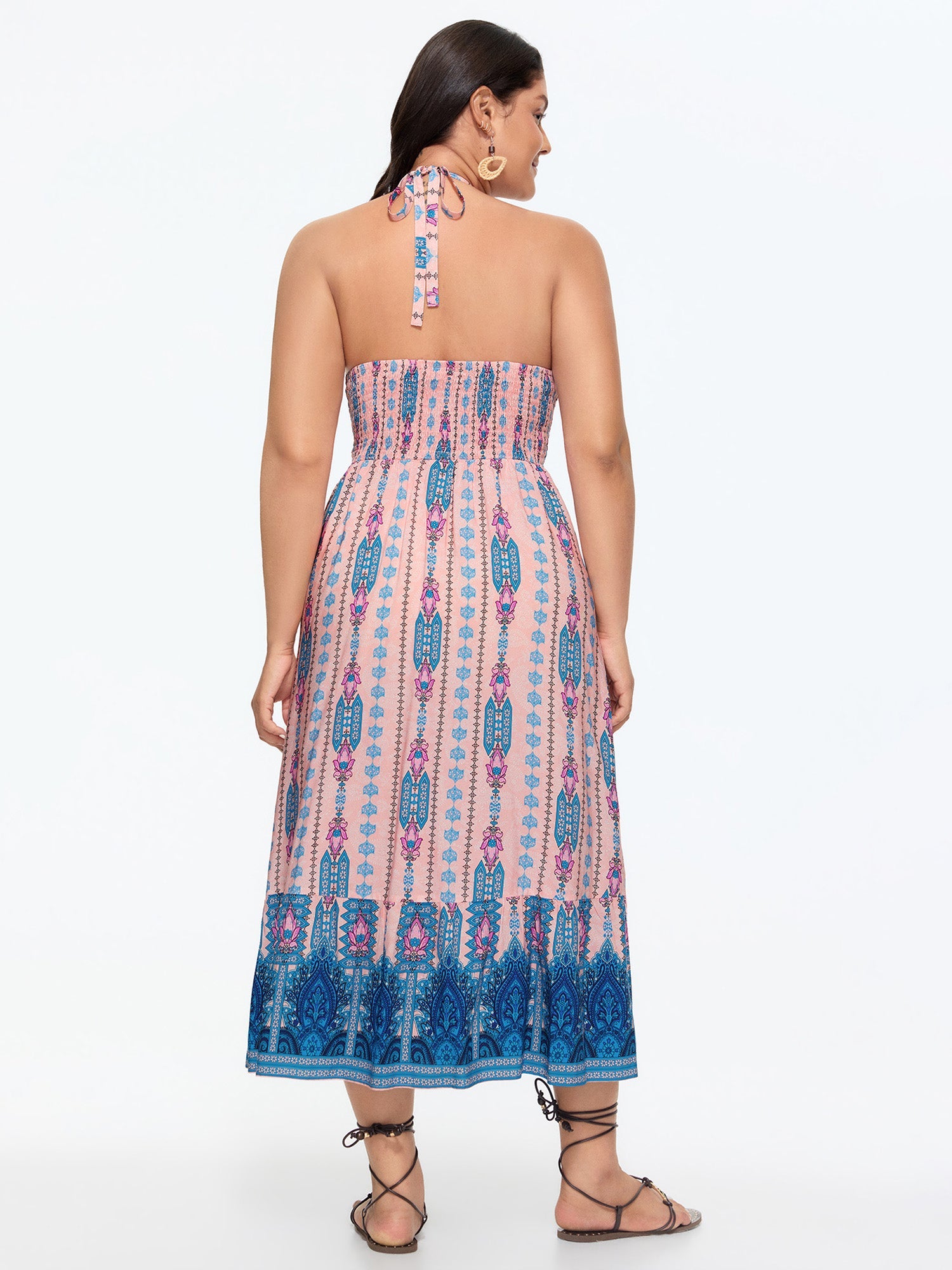 Geometric Print Halter Neckline Shirred Midi Dress