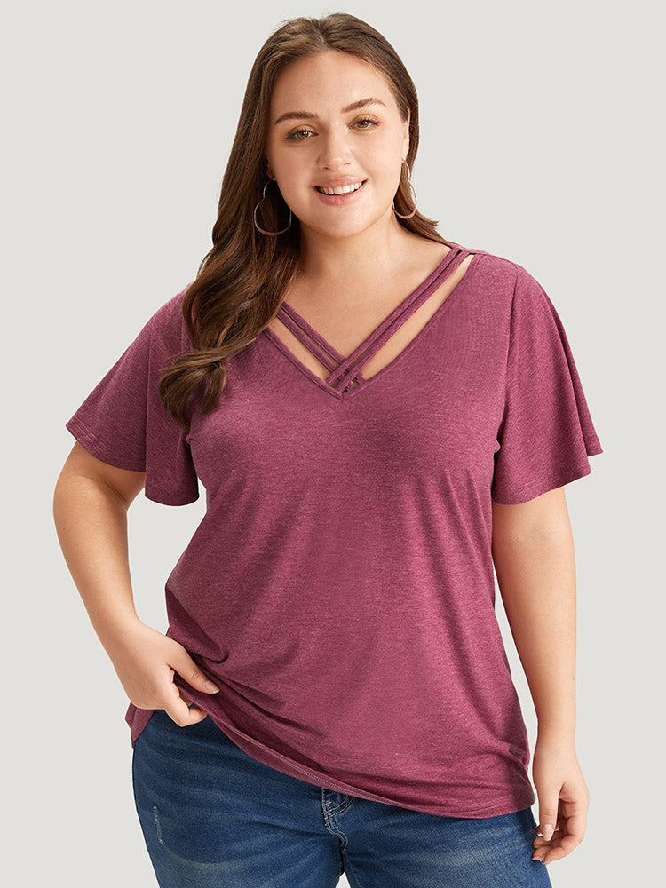 Plain Ruffle Sleeve Heather Crisscross Neck T-shirt