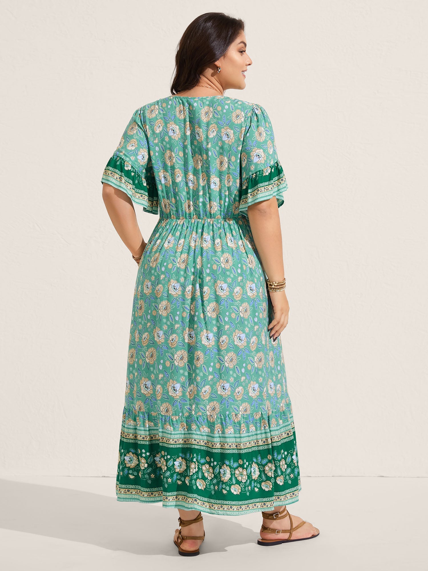 Floral Bell Sleeve Shirred Waist Maxi Dress