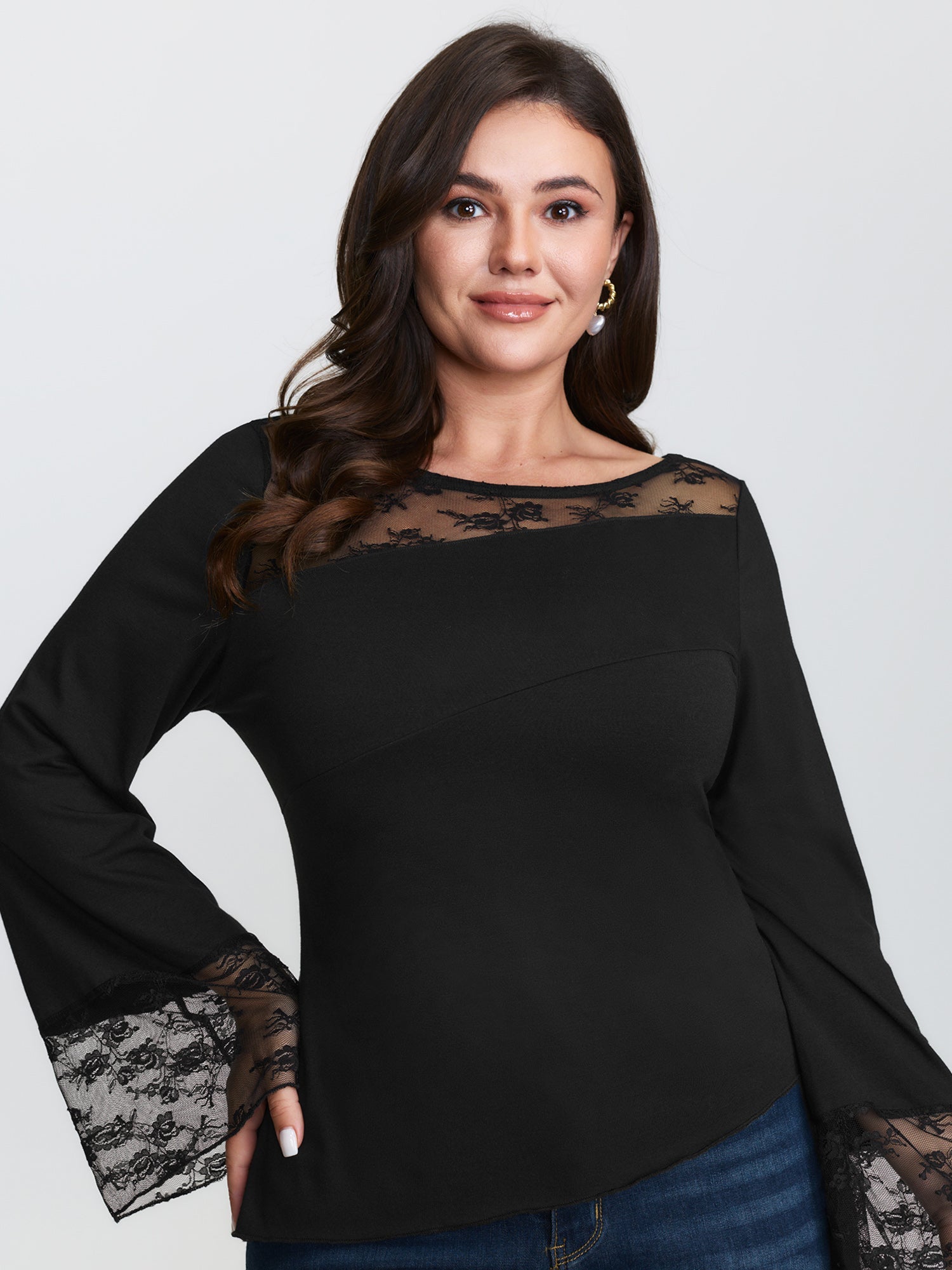 Sheer Floral Lace Trim Sheer T-Shirt