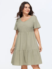 Cotton V-Neck Tiered Plain Mini Dress