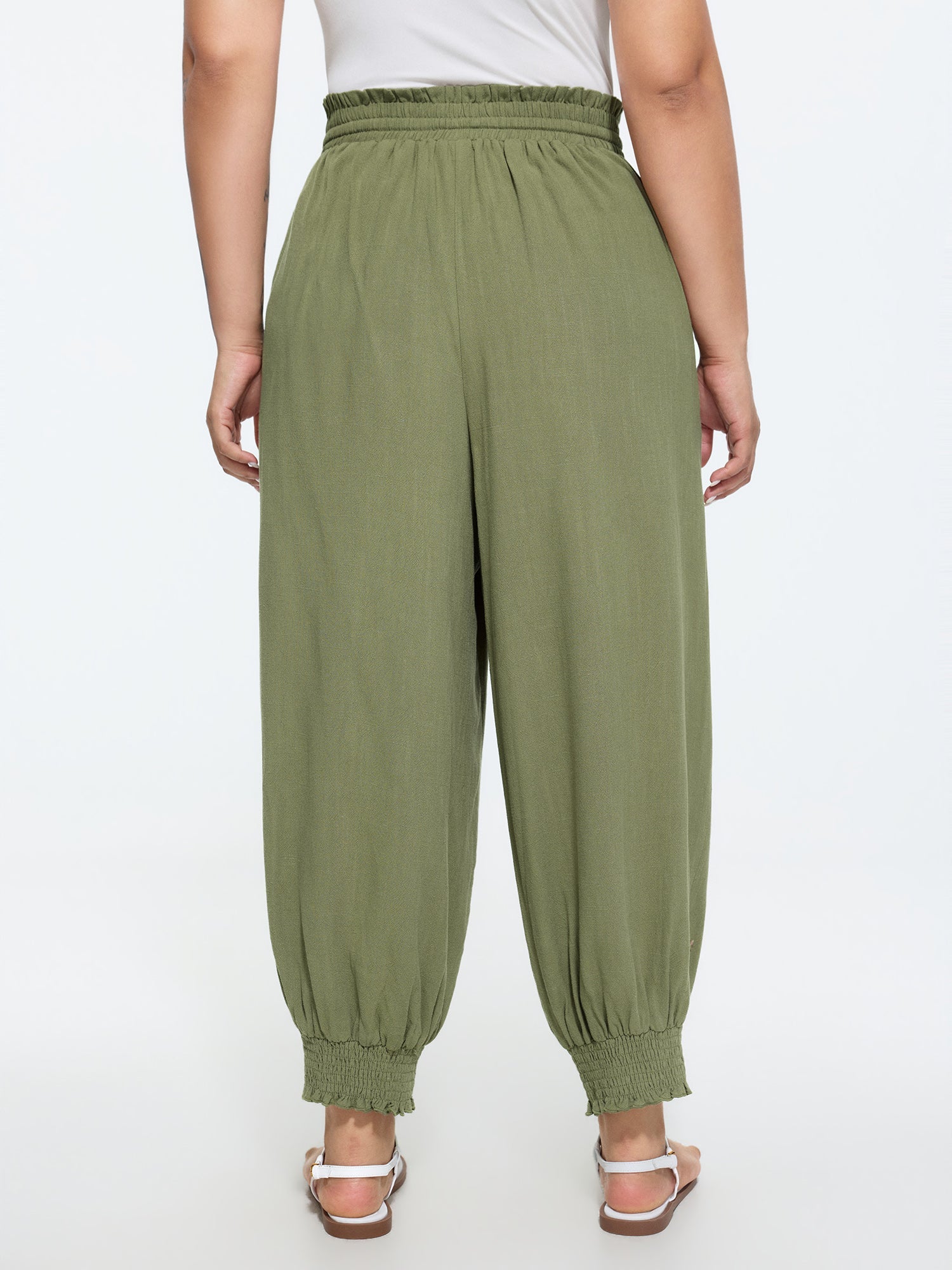 Linen Blend Shirred Drawstring Waist Jogger Pants