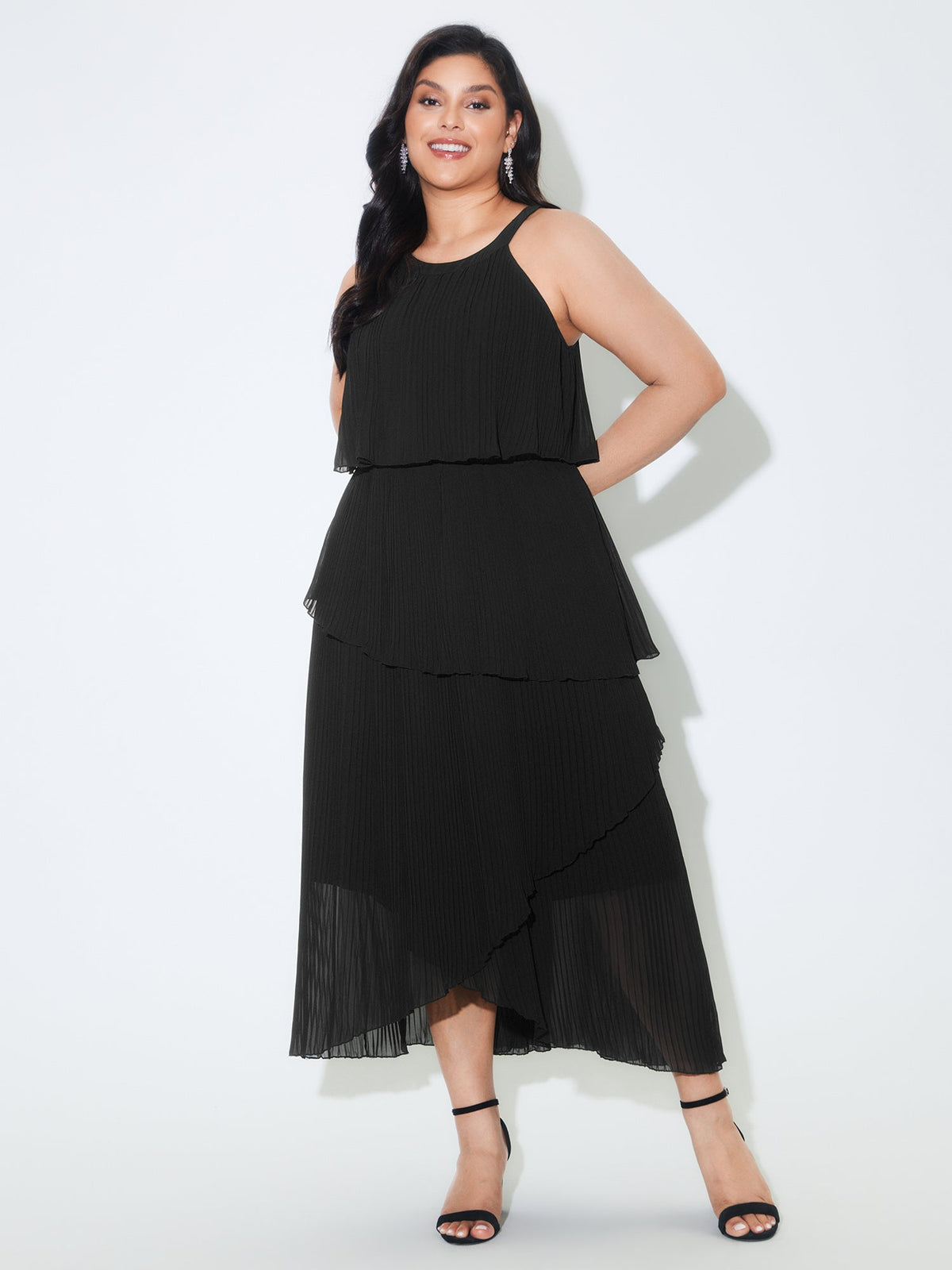 Halter Neck Layered Pleated Texture Maxi Dress