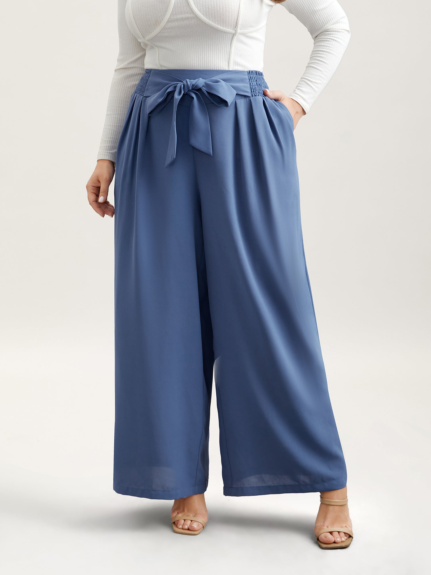 Smocked Waist-Tie Flared Pants