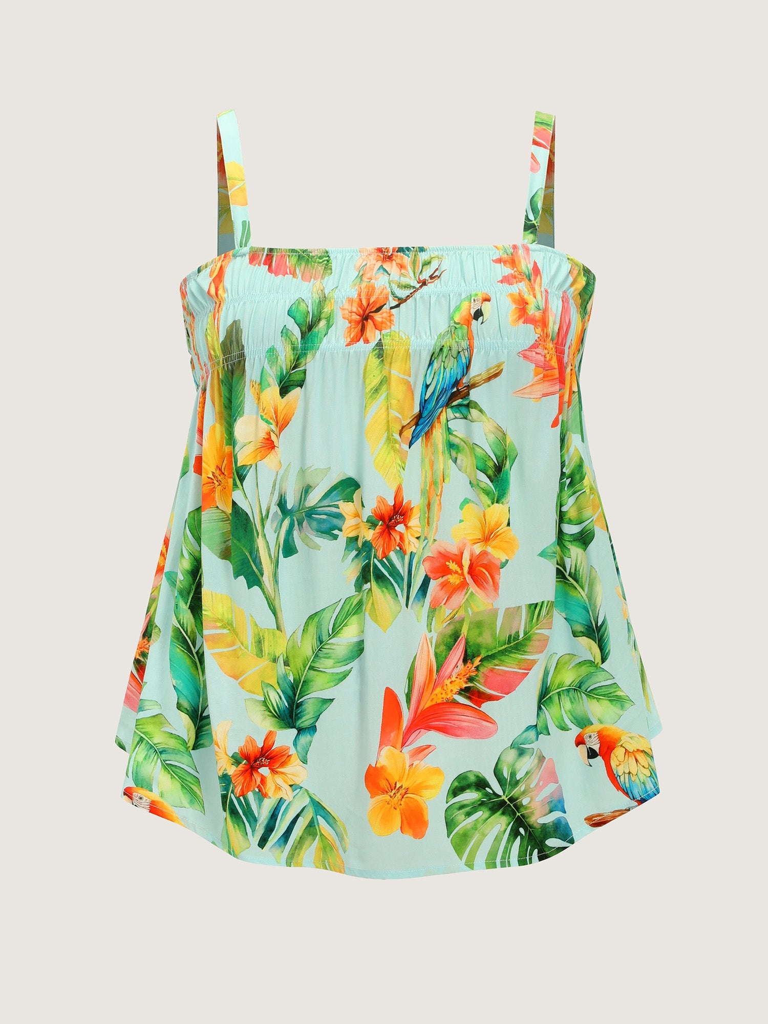 Tropical Breeze Print Shirred Neckline Tank Top