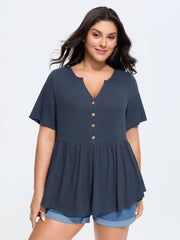 Stretchy Notched Collar Button Detail Knit Top