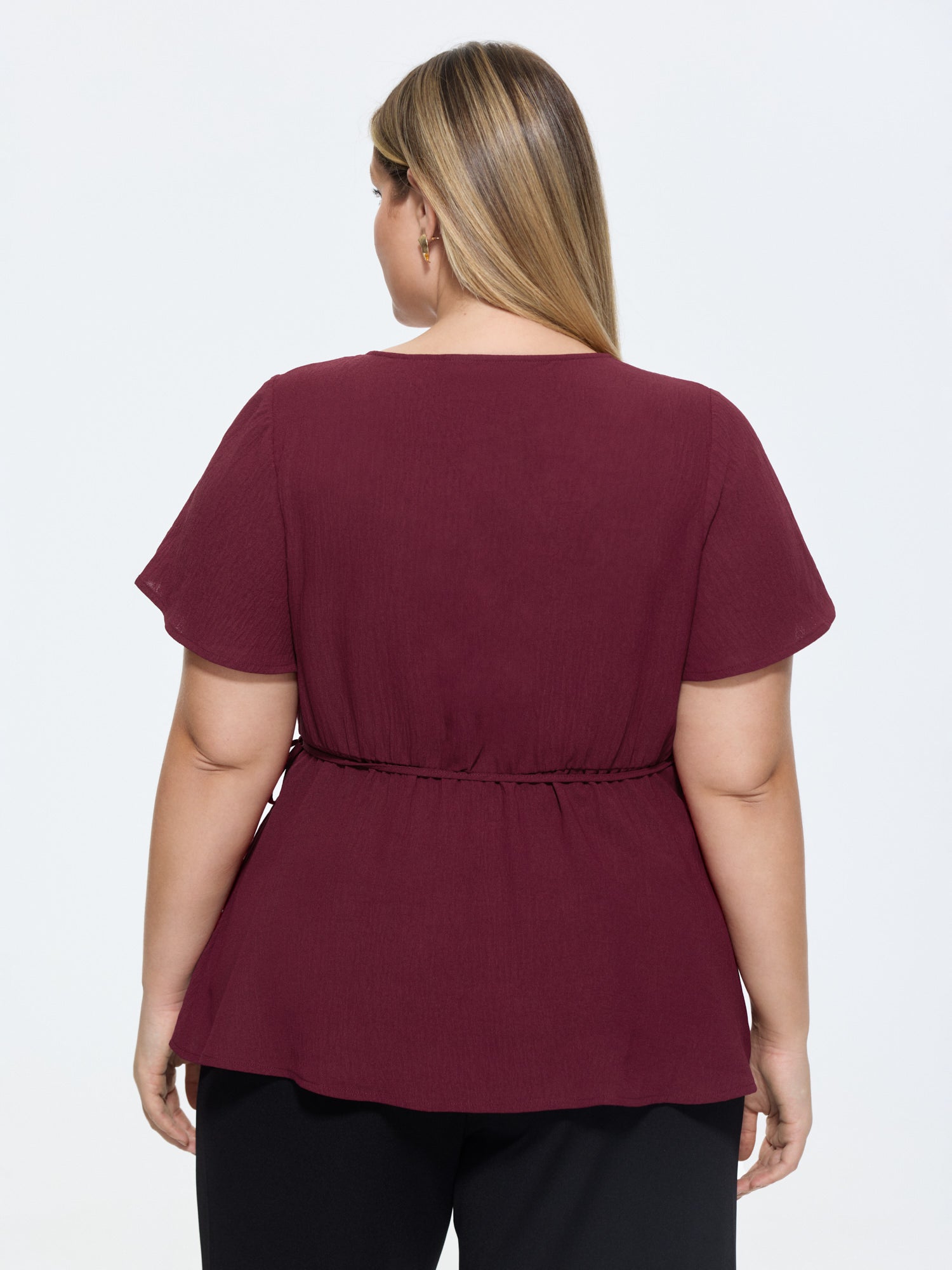 Stretchy Waist Side-Tie Plain Blouse