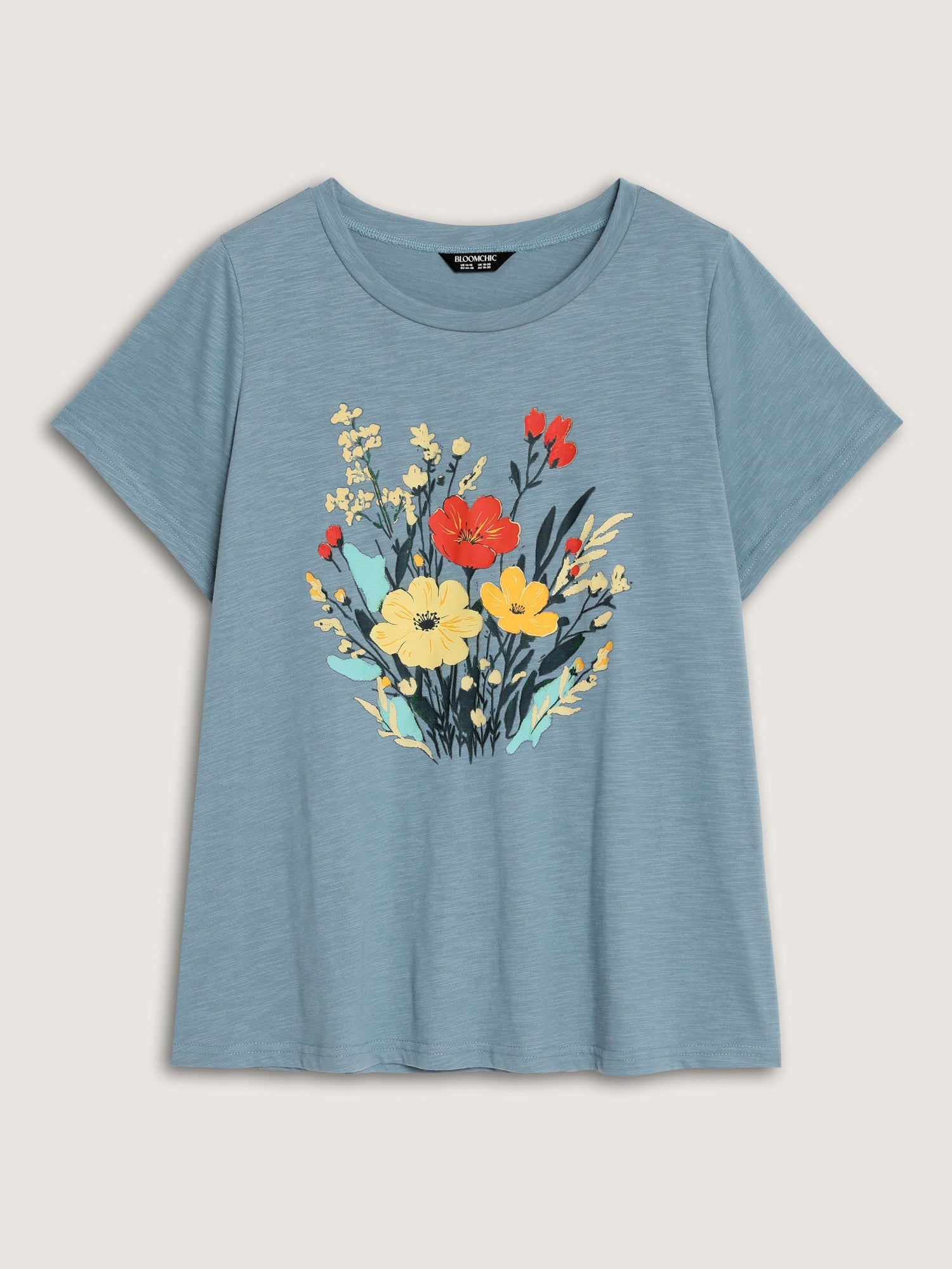 Floral Print Round Neck Textured T-Shirt