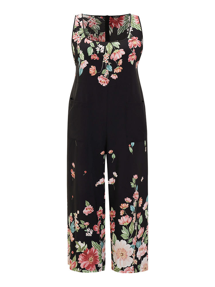 Floral Square Neck Zip Back Pocket Jumpsuit