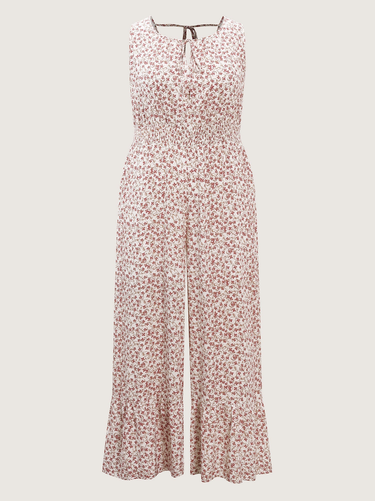 Micro Floral Print Back Tie Ruffled Hem Jumpsuit
