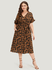 Brush Print Ruffles Wrap Belted Pocket Dress