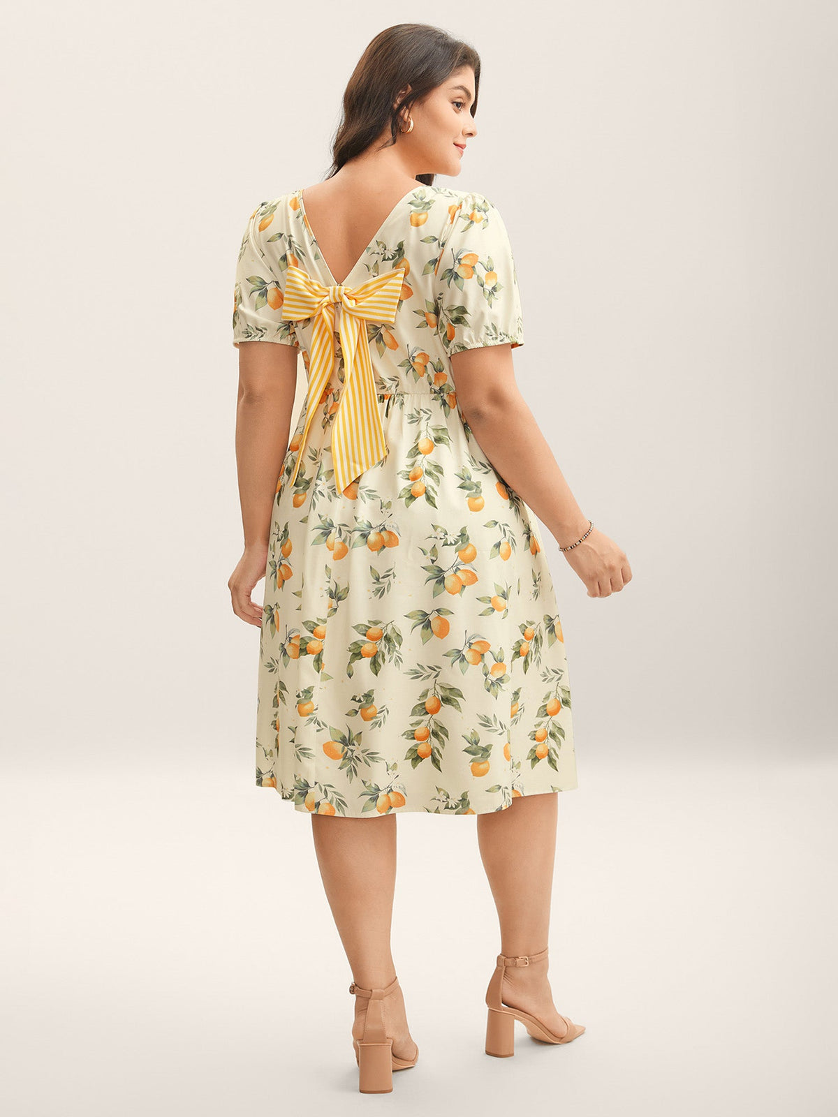 Citrus Print Bow Backless Midi Dress