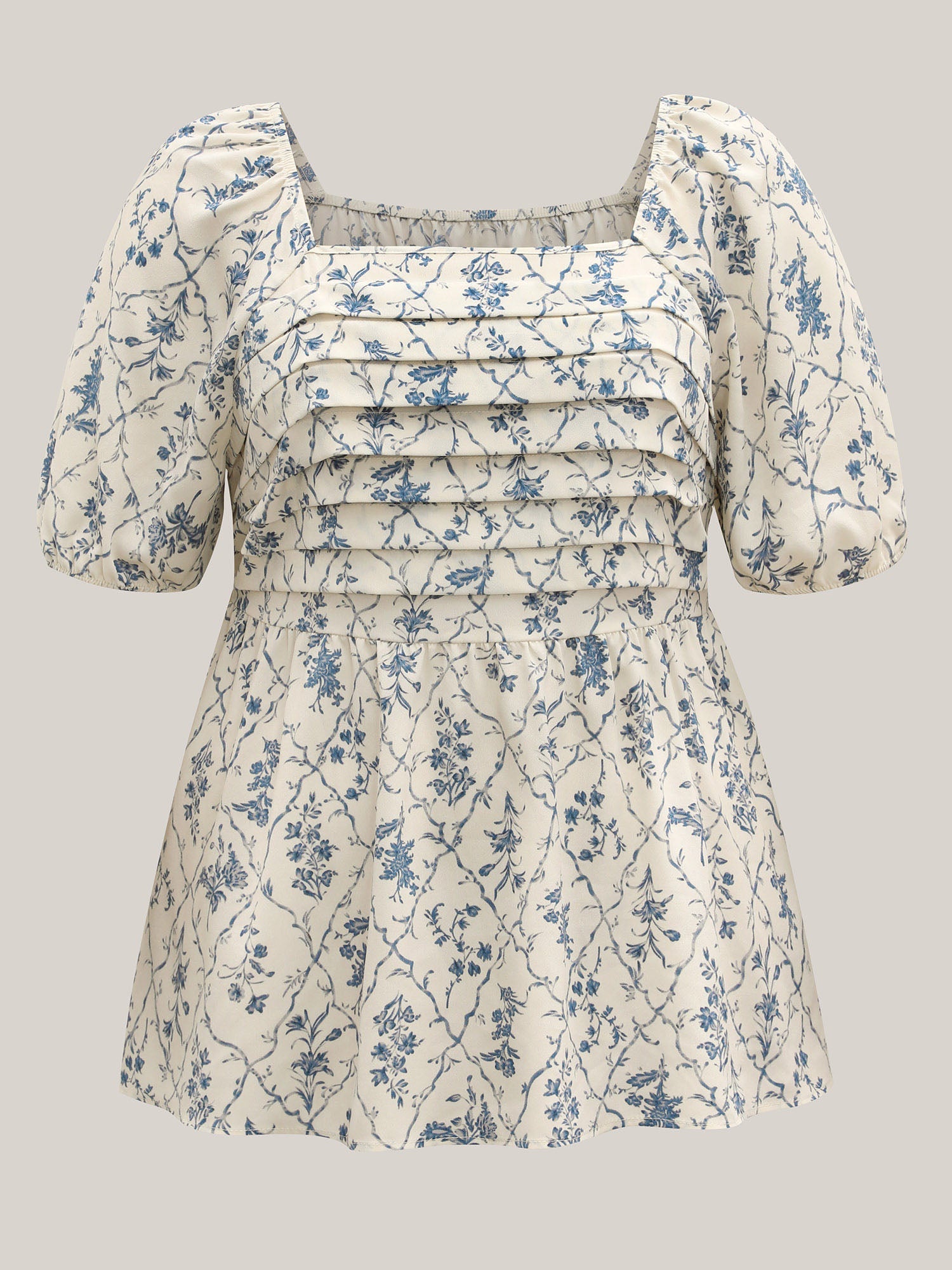 Floral Pleated Bodice Puffy Sleeve Blouse