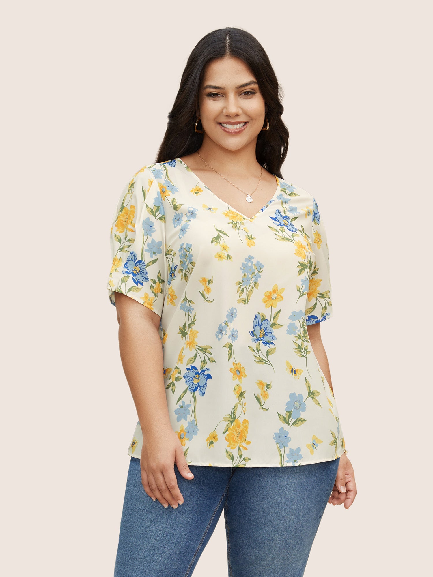 Floral & Butterfly V Neck Bishop Sleeve Blouse