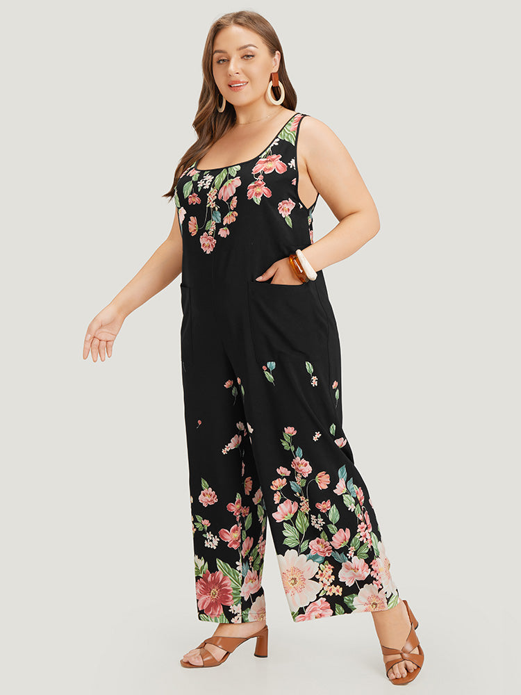 Floral Square Neck Zip Back Pocket Jumpsuit