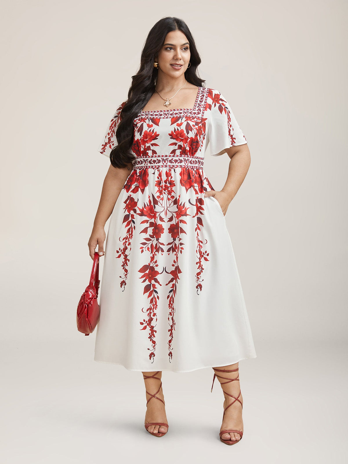 Bohemian Floral Print Stretchy Waist Midi Dress