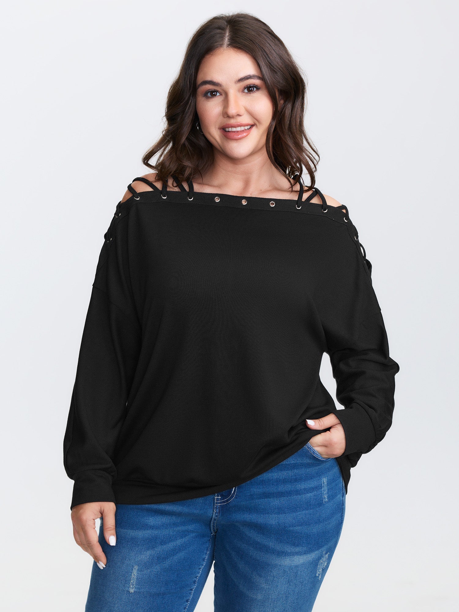 Cut-Out Off-Shoulder Plain Sweatshirt