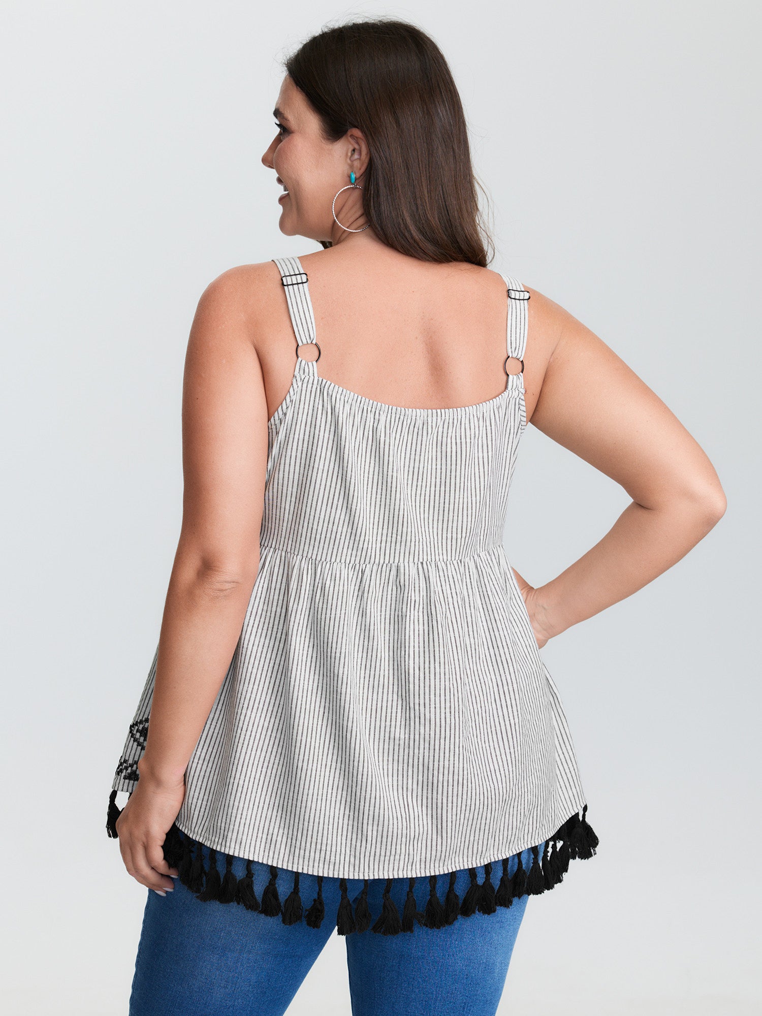 Cotton Linen Striped Embroidered Fringe Hem Tank Top