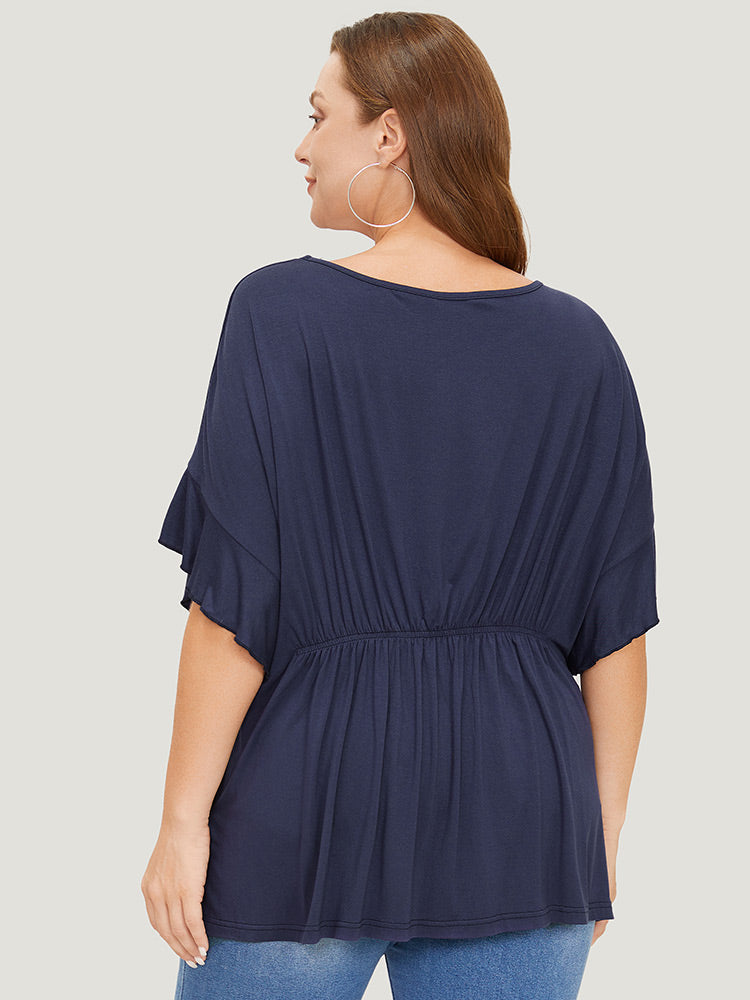 Plain Gathered Batwing Sleeve Ruffle T-shirt