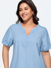 Supersoft Puffy Sleeve Notched Collar Plain Faux Denim Blouse