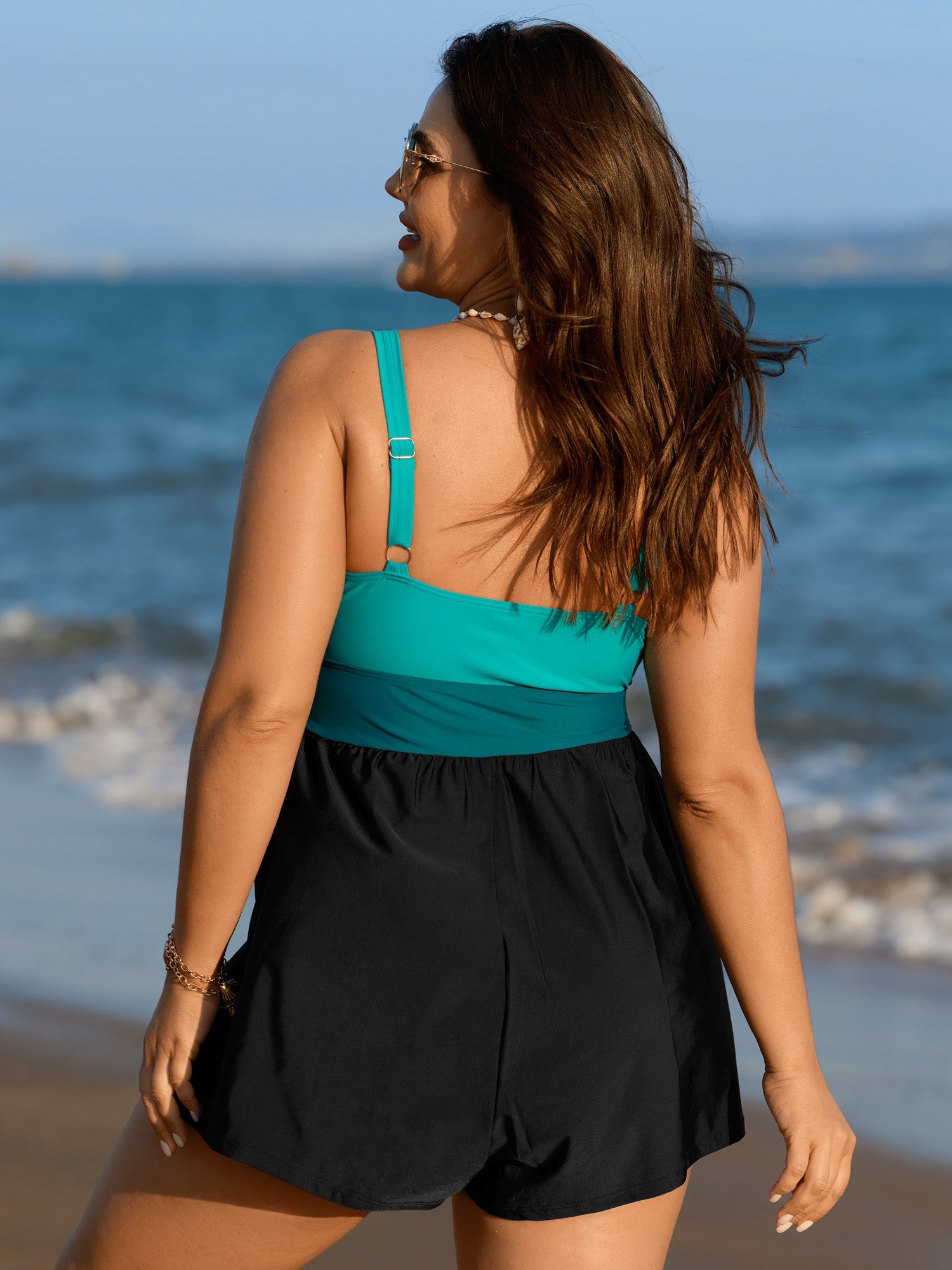 Colorblock Button Pockets One Piece Swimsuit