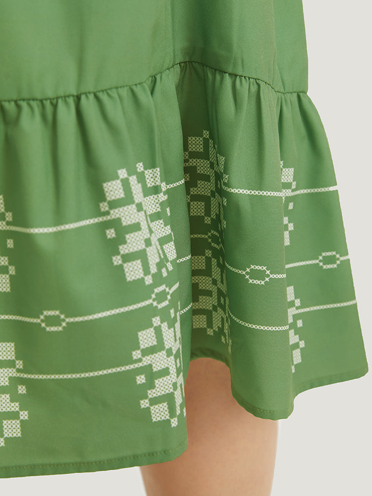 Bandana Print Notched Layered Hem Elastic Cuffs Dress