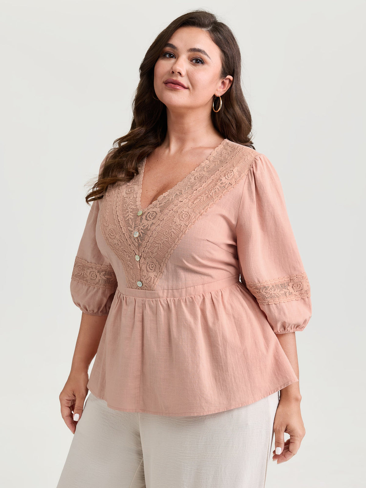 Cotton Lace V-Neckline Cinched-Flared Blouse
