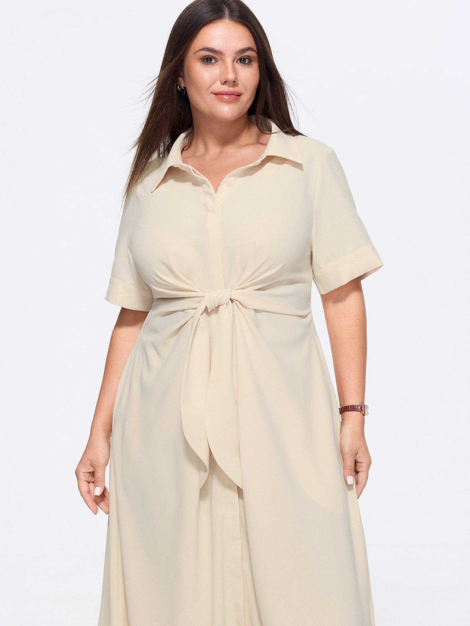 Knotted From Collared Midi Shirt Dress