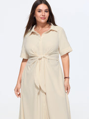 Knotted From Collared Midi Shirt Dress