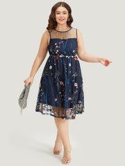 Plants Embroidered Mesh Patchwork Tank Dress