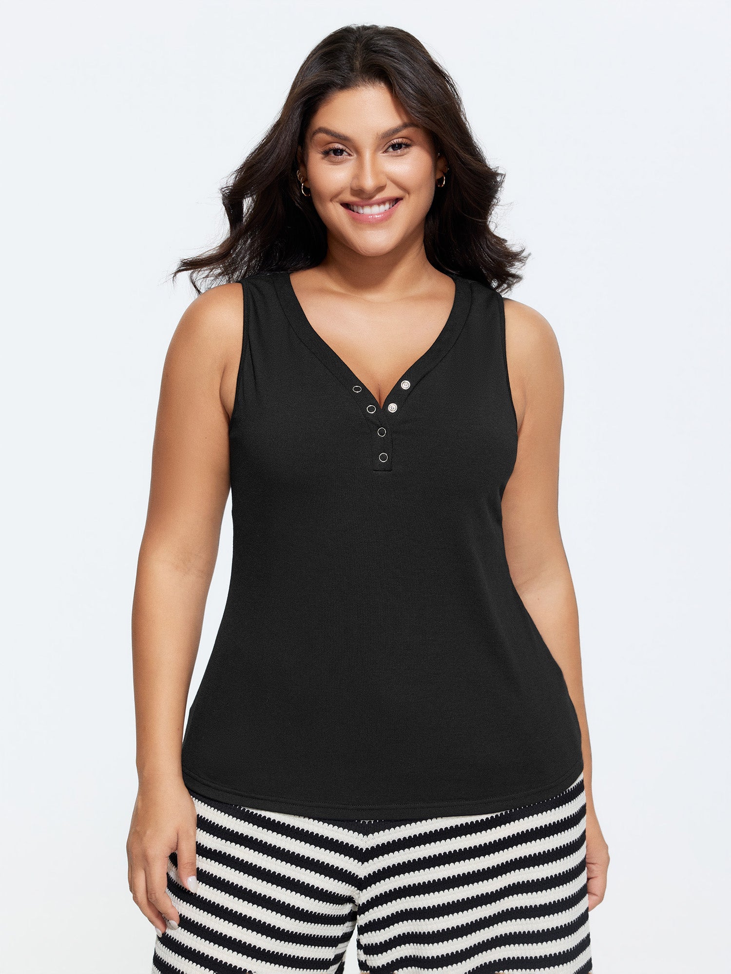 Supported Bra Button Detail Split Neckline Tank Top