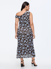 Floral Print Mesh One-Shoulder Midi Dress