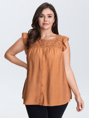 Ruffled Sleeve Button Detail Lace Tank Top
