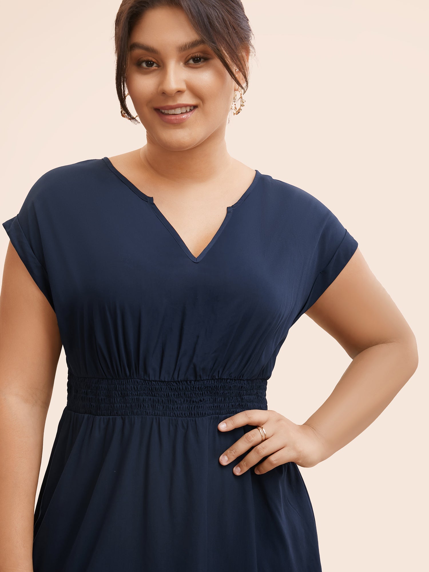 Plain Shirred Cap Sleeve Midi Dress