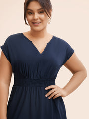 Plain Shirred Cap Sleeve Midi Dress