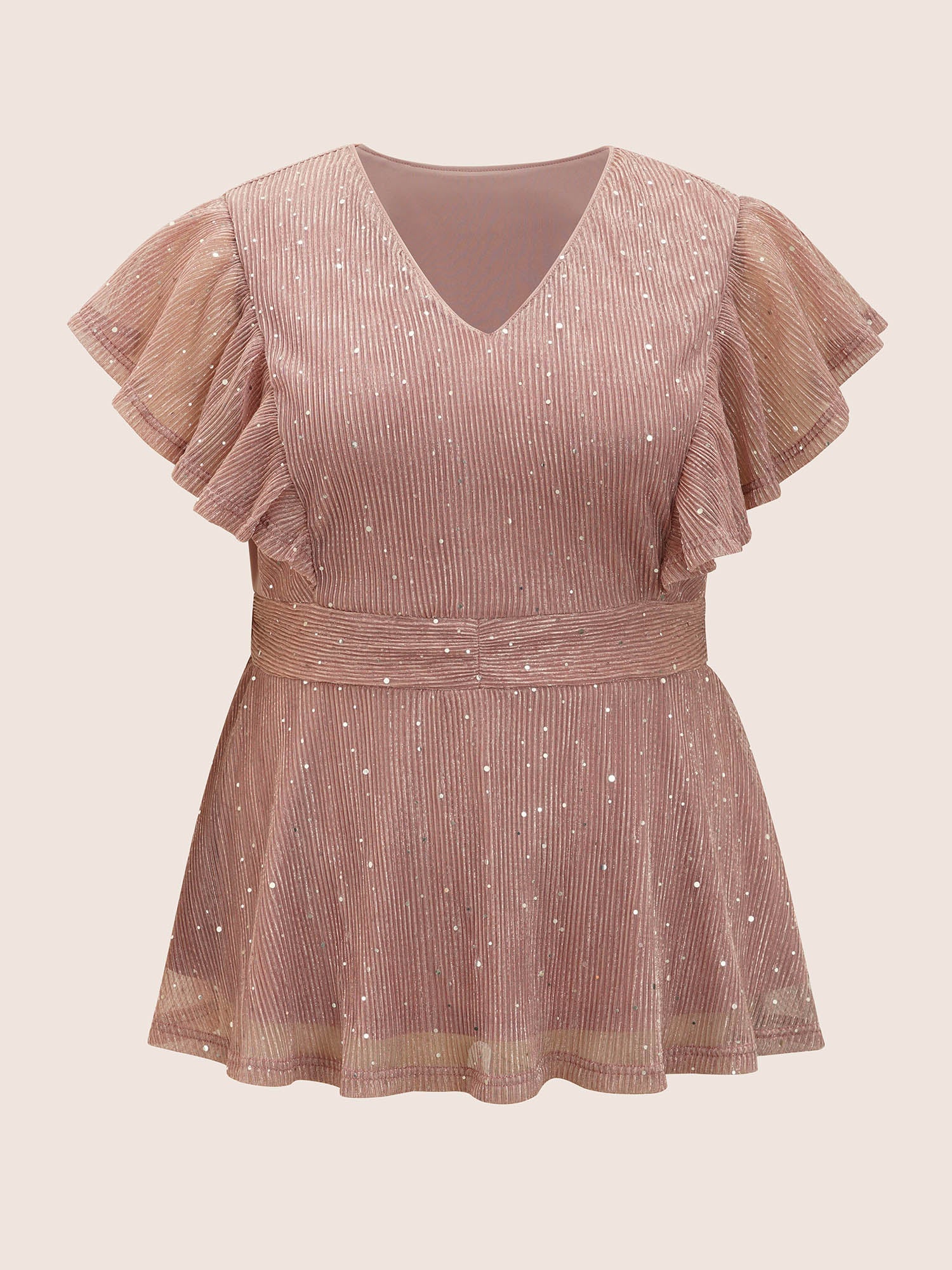 Glitter Mesh V Neck Ruffle Cap Sleeve Blouse