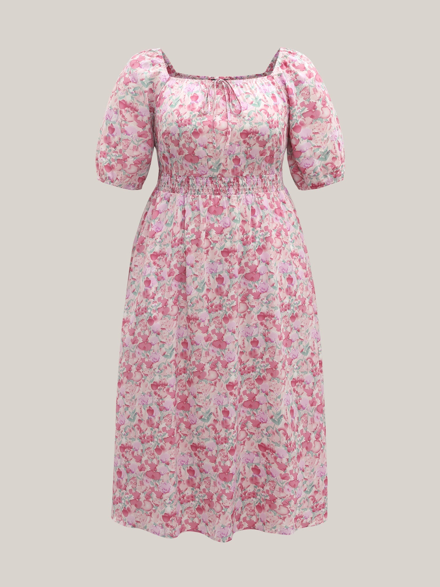 Floral Print Shirred Waist Pockets Midi Dress