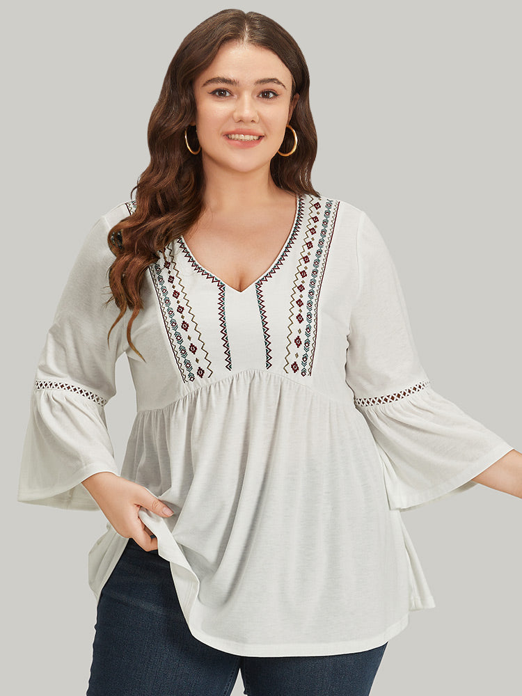 Boho Print Embroidered V Neck Gathered Bell Sleeve T-shirt