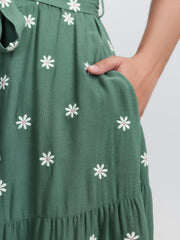 Supersoft Floral Embroidered Waist-Tie Mini Dress