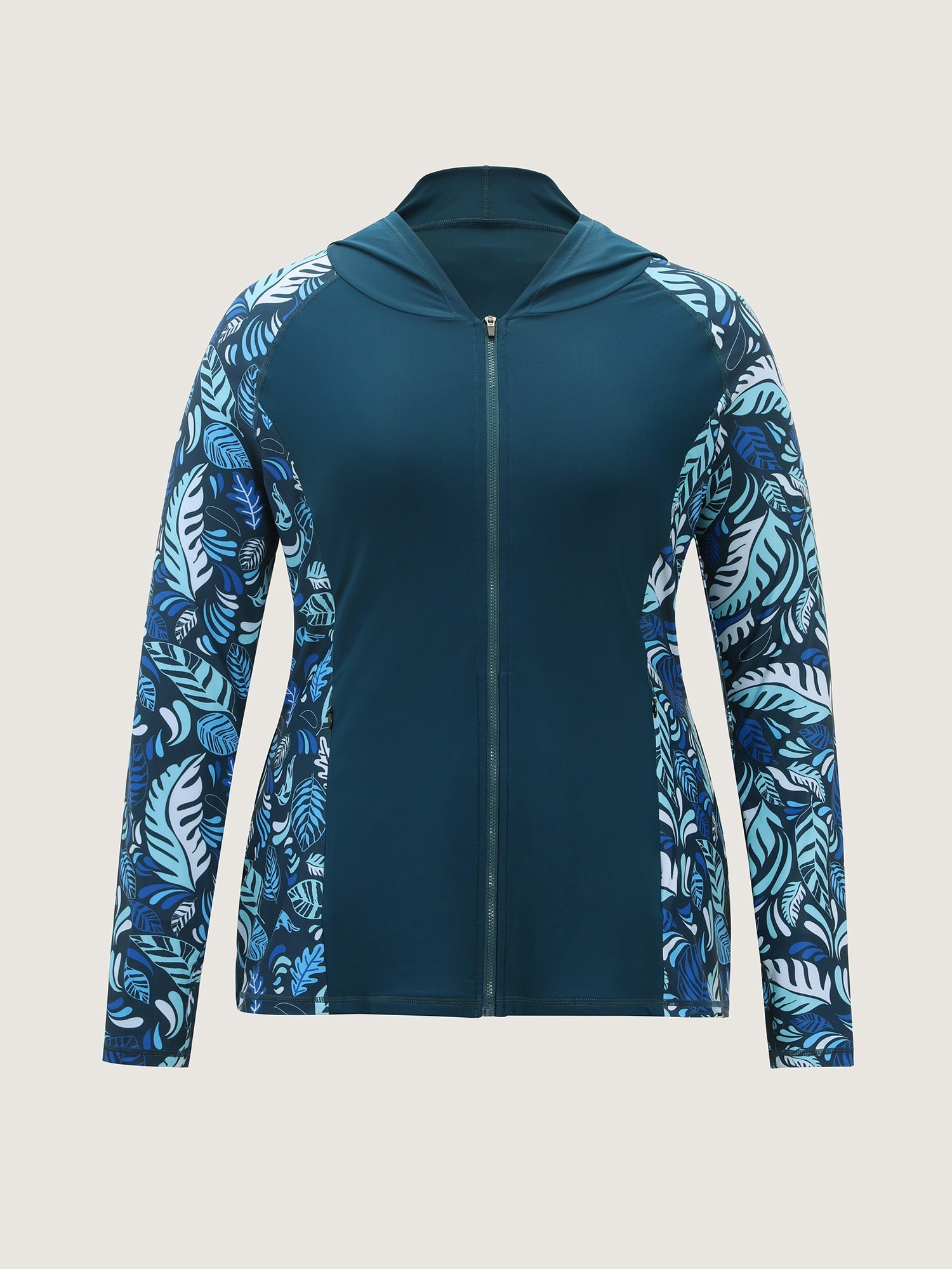 Tropical Print Hooded Pockets Swim Top
