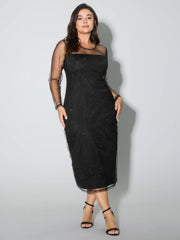 Sheer Stretchy Rhinestone Midi Party Dress