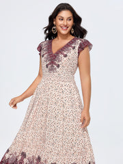 Floral Print Color Contrast V-Neck Midi Dress